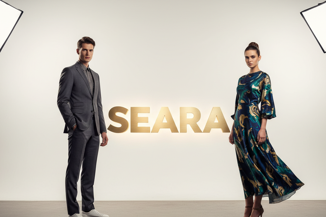 add brand name "SEARA" in middle of men and woman models fashion